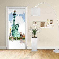 Adesivo Design porta - New York Statua della libertà e altri monumenti - Decorazione adesiva per porte arredo casa -